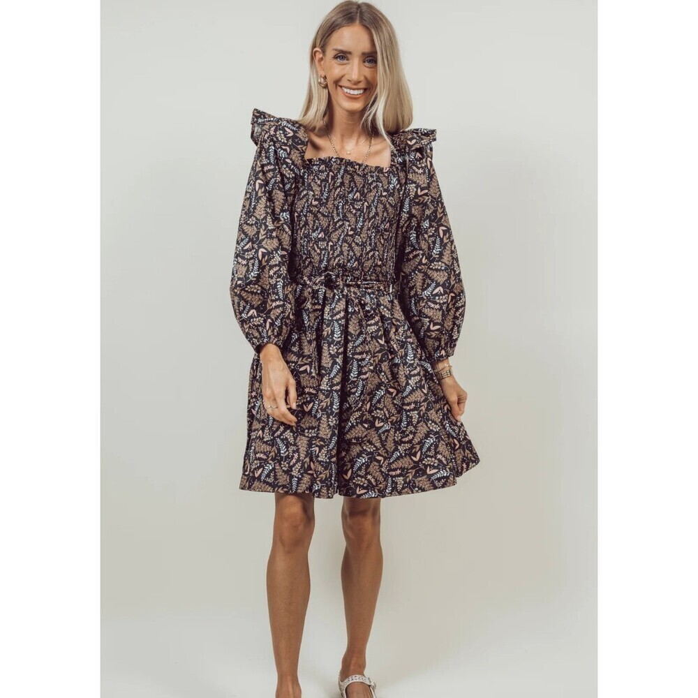 En Merci Olivia Printed Mini Dress Longsleeve Black Pink Leaf Pattern Large